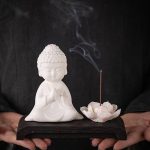 Ceramic Buddha Incense Holder with Lotus & Wooden Base