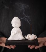 Ceramic Buddha Incense Holder with Lotus & Wooden Base